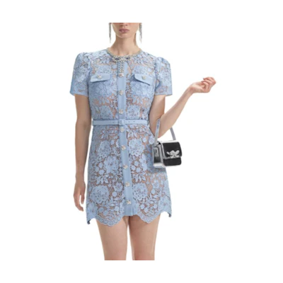 (Women) Self-Portrait Lace Crew Neck Short Sleeve Dress Women’s Misty Blue. SWF353Y10100