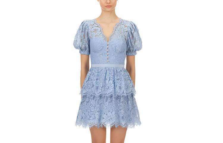 (Women) Self-Portrait Lace Embroidered V-Neck Puff Sleeve Princess Dress - Blue  Dress SWF325Y12900