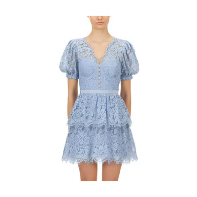 (Women) Self-Portrait Lace Embroidered V-Neck Puff Sleeve Princess Dress - Blue Dress SWF325Y12900