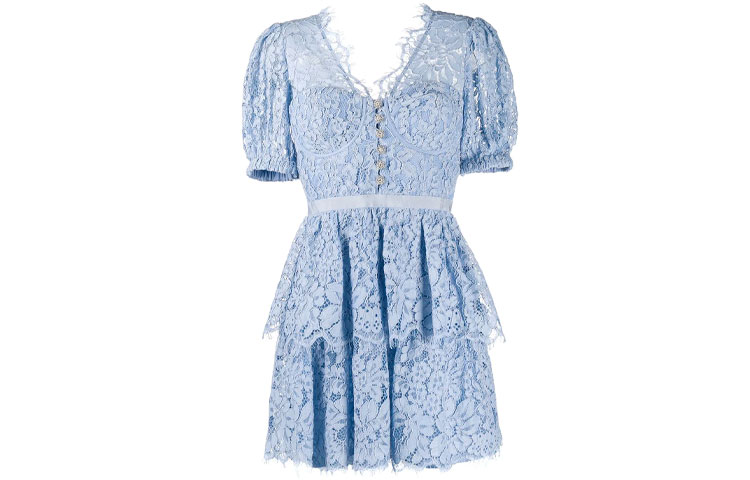 (Women) Self-Portrait Lace Embroidered V-Neck Puff Sleeve Princess Dress - Blue  Dress SWF325Y12900 圖 4