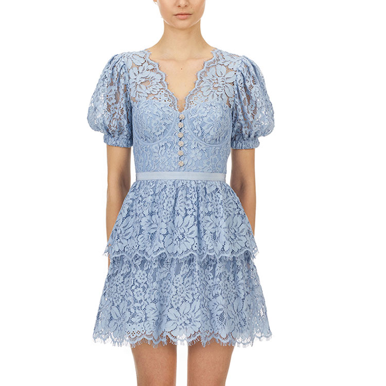 (Women) Self-Portrait Lace Embroidered V-Neck Puff Sleeve Princess Dress - Blue  Dress SWF325Y12900 圖 5