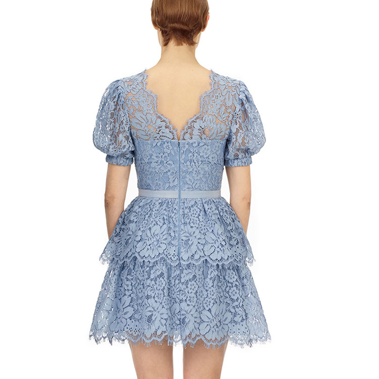 (Women) Self-Portrait Lace Embroidered V-Neck Puff Sleeve Princess Dress - Blue  Dress SWF325Y12900 圖 6