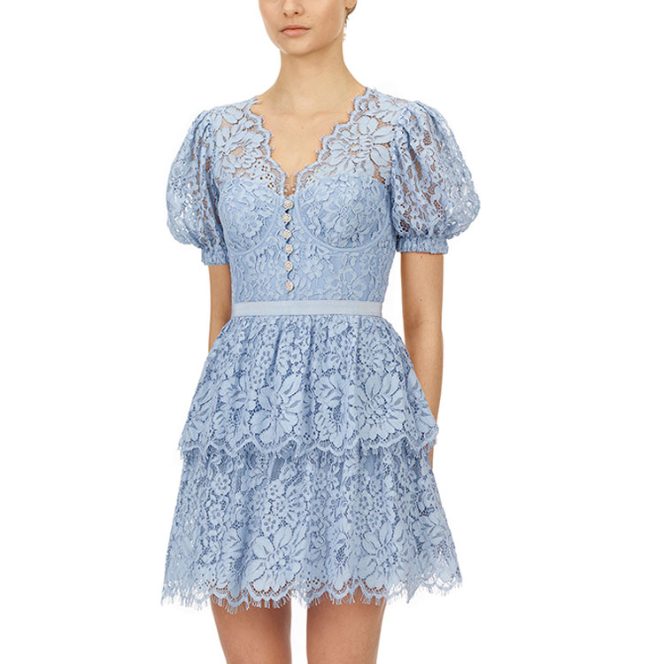 (Women) Self-Portrait Lace Embroidered V-Neck Puff Sleeve Princess Dress - Blue  Dress SWF325Y12900 圖 7