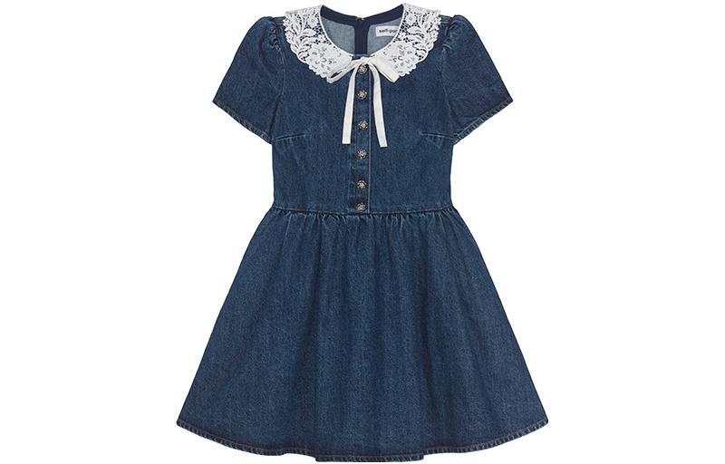 (Women) Self-Portrait Lace Puff Sleeve Bow Denim Blue Short Dress - Elegant & Slim Fit SWF343Y07800