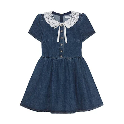 (Women) Self-Portrait Lace Puff Sleeve Bow Denim Blue Short Dress - Elegant & Slim Fit SWF343Y07800