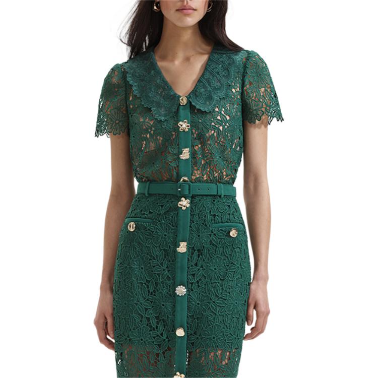 (Women) Self-Portrait Lace Short-Sleeve Shirt Women’s Collar Design in Green. SWF352C02400