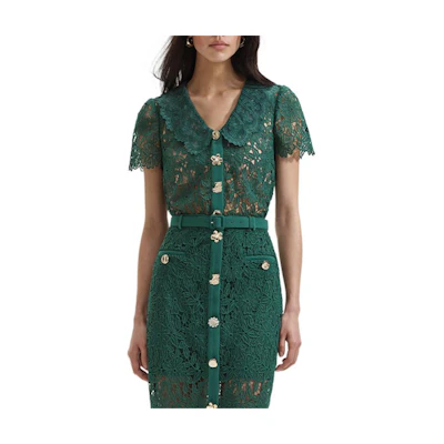 (Women) Self-Portrait Lace Short-Sleeve Shirt Women’s Collar Design in Green. SWF352C02400