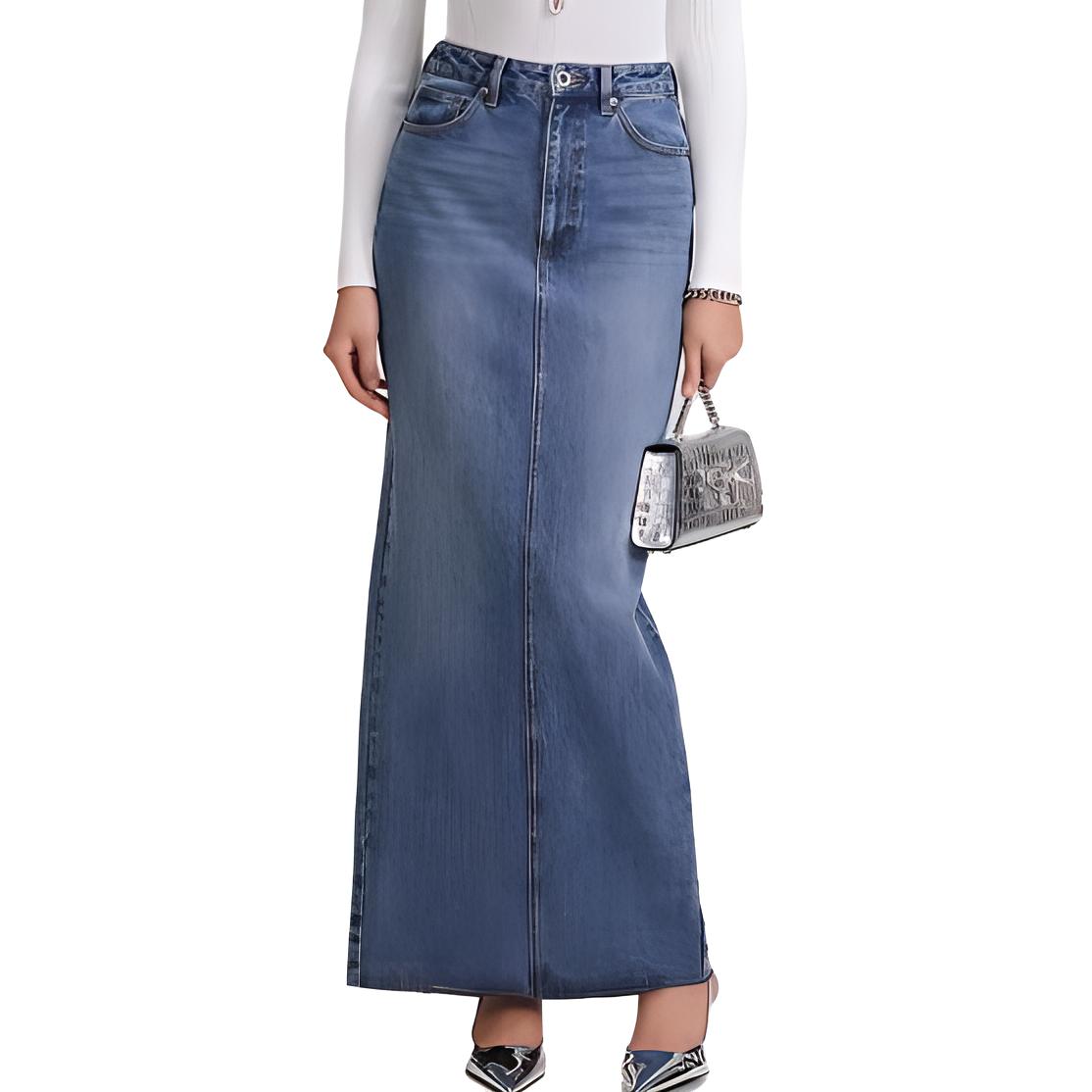 (Women) Self-Portrait Light Wash High-Waisted Denim Maxi Skirt for Women - Denim Blue SWF343Q00900574