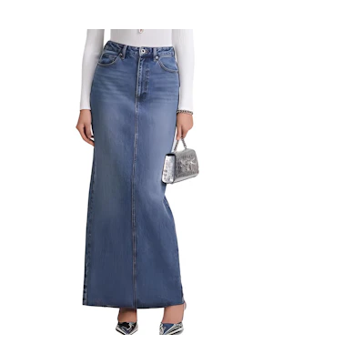 (Women) Self-Portrait Light Wash High-Waisted Denim Maxi Skirt for Women - Denim Blue SWF343Q00900574