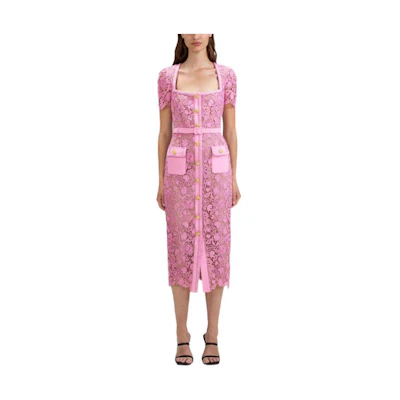 (Women) Self-Portrait Lunar New Year SS23 Lace Midi Short Sleeve Dress Women Pink RS23-028MP