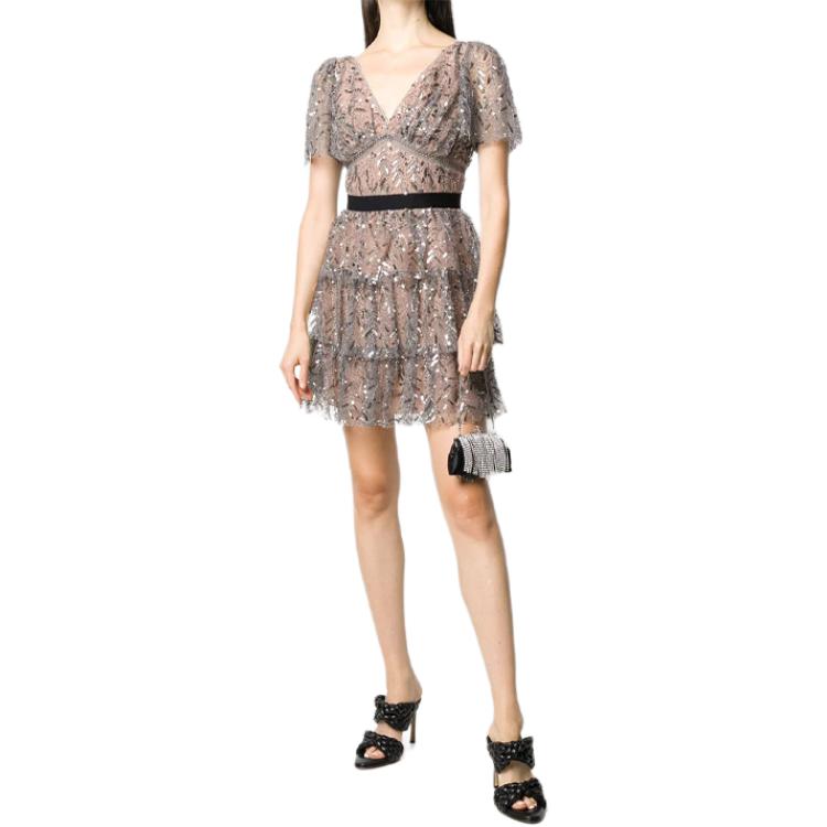 (Women) Self-Portrait Metallic Leaf Sequin Luxury Waist-Cinching Gown Dress - Gray Pink SWF336Y00600