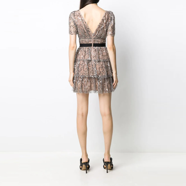 (Women) Self-Portrait Metallic Leaf Sequin Luxury Waist-Cinching Gown Dress - Gray Pink SWF336Y00600 圖 4