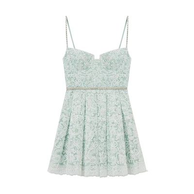 (Women) Self-Portrait Mint Green Lace U-Neck Short Slip Dress for Women. SWF352Y26600