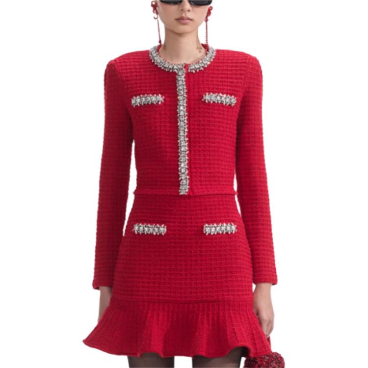 (Women) Self-Portrait New Year Series Red Waffle Knit Long Sleeve Sweater . SWF361M04000