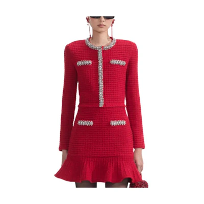 (Women) Self-Portrait New Year Series Red Waffle Knit Long Sleeve Sweater . SWF361M04000