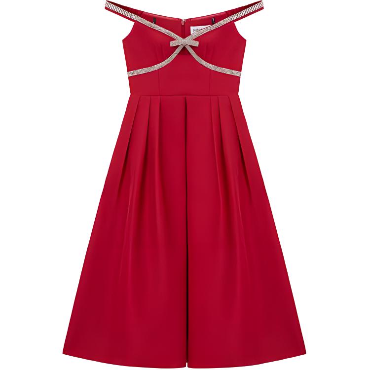 (Women) Self-Portrait Off-Shoulder Burgundy Sleeveless Dress with Rhinestone Details. SWF351Y00700