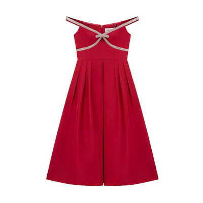 (Women) Self-Portrait Off-Shoulder Burgundy Sleeveless Dress with Rhinestone Details. SWF351Y00700