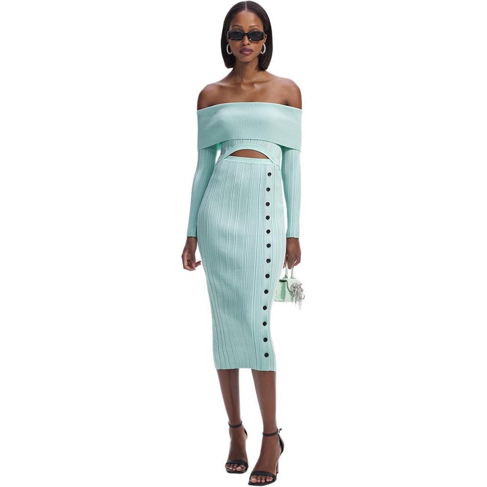 (Women) Self-Portrait Off-Shoulder Elegant Mint Green Knit Long Sleeve Maxi Dress . SWF351M03900 圖 3