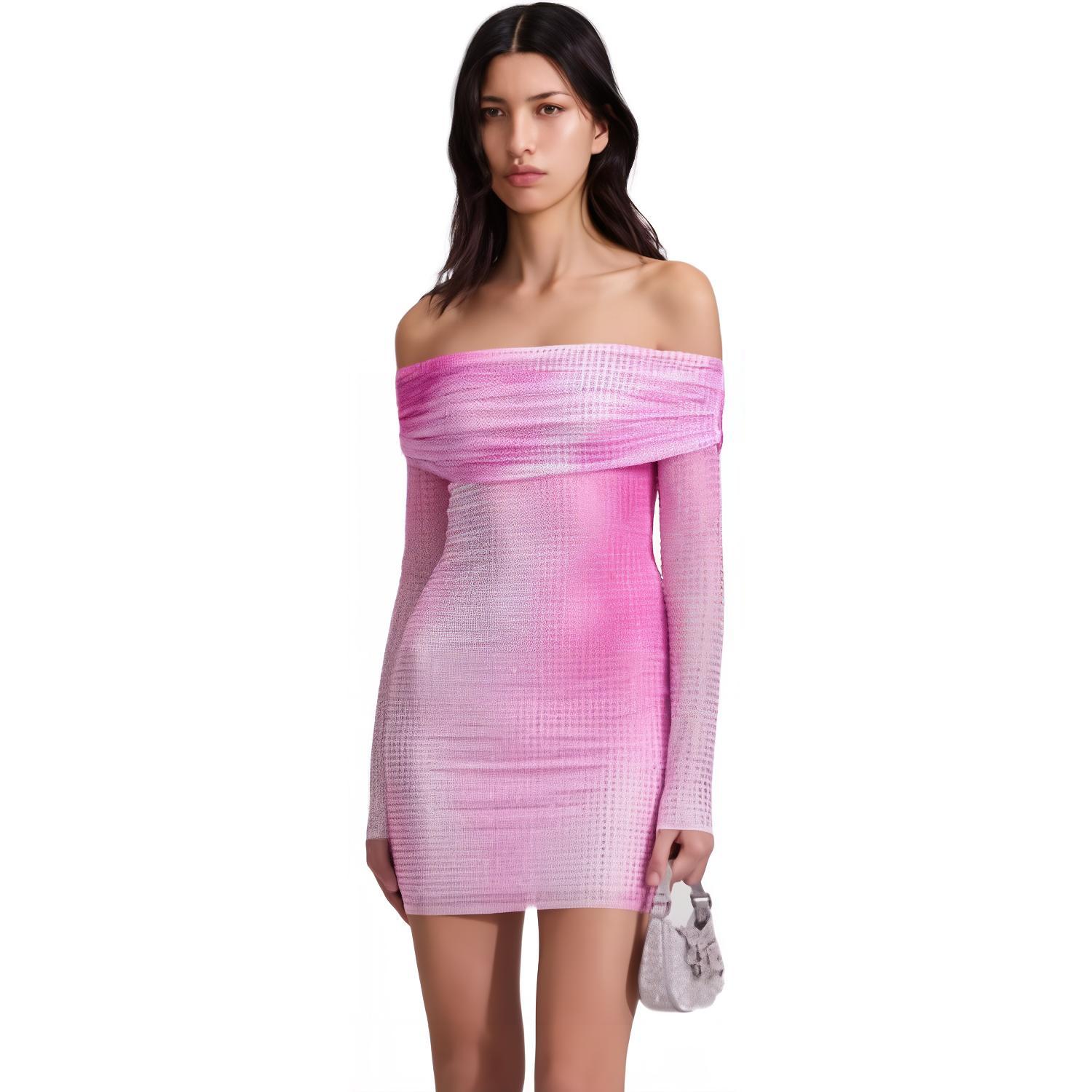 (Women) Self-Portrait Off-Shoulder Long Sleeve Midi Dress Women Red Pink Mix SWF343Y06500