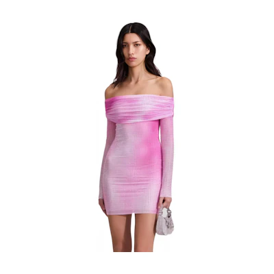 (Women) Self-Portrait Off-Shoulder Long Sleeve Midi Dress Women Red Pink Mix SWF343Y06500
