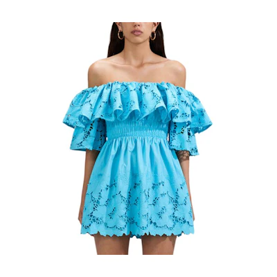 (Women) Self-Portrait Off-Shoulder Ruffled Lace Dress Light Blue SWF341Y06100