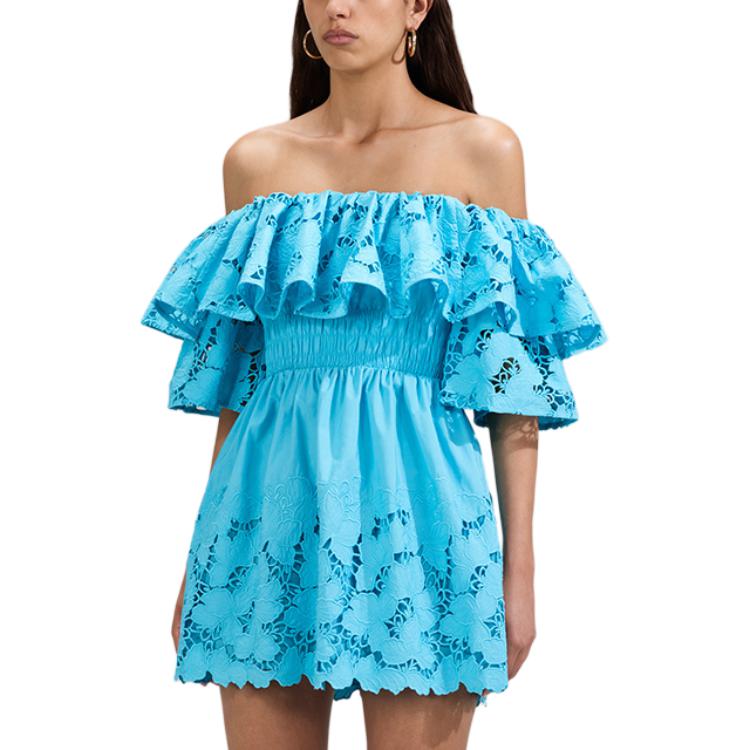 (Women) Self-Portrait Off-Shoulder Ruffled Lace Dress  Light Blue SWF341Y06100 圖 3