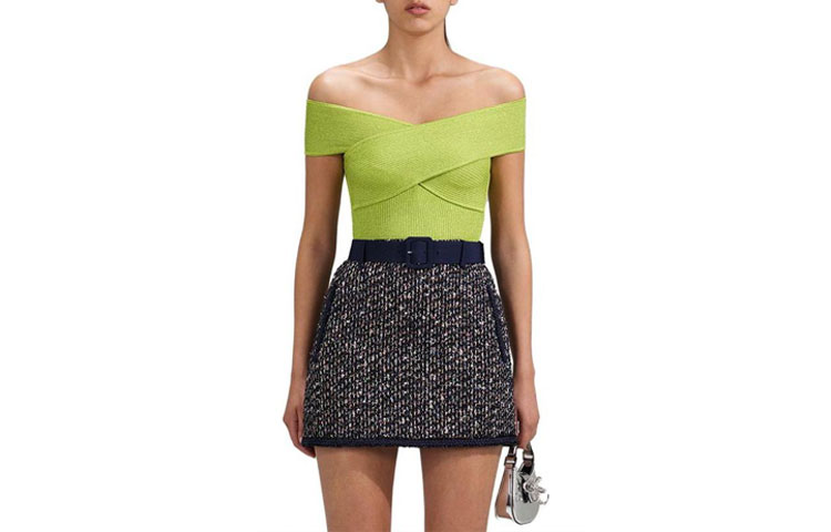 (Women) Self-Portrait Off-Shoulder Solid Knit Top  Lime Green. SWF341M02600