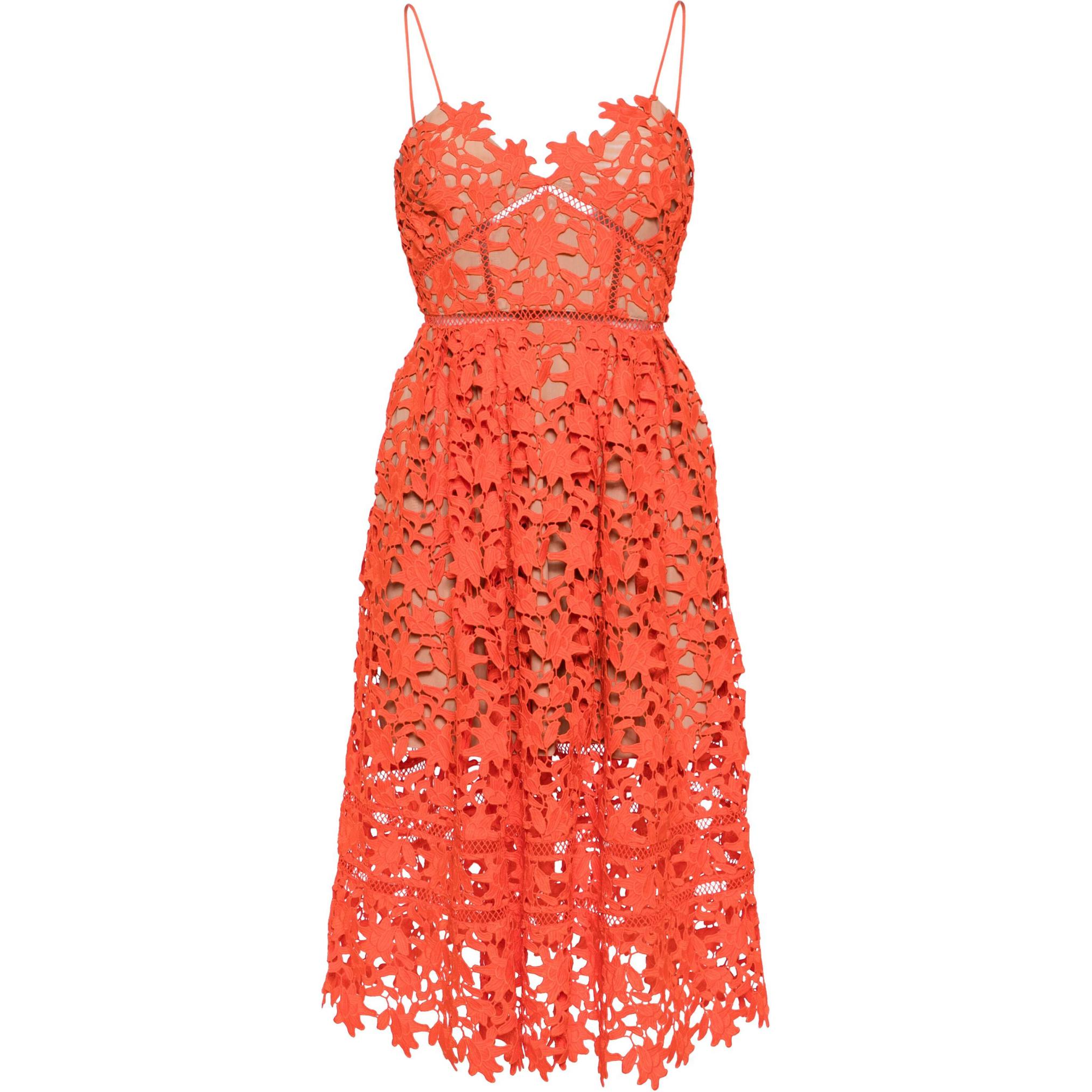 (Women) Self-Portrait Orange Floral Lace Midi Dress with V-Neck and Spaghetti Straps. SS24151MO