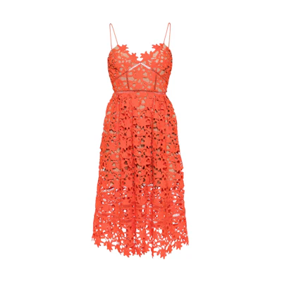 (Women) Self-Portrait Orange Floral Lace Midi Dress with V-Neck and Spaghetti Straps. SS24151MO