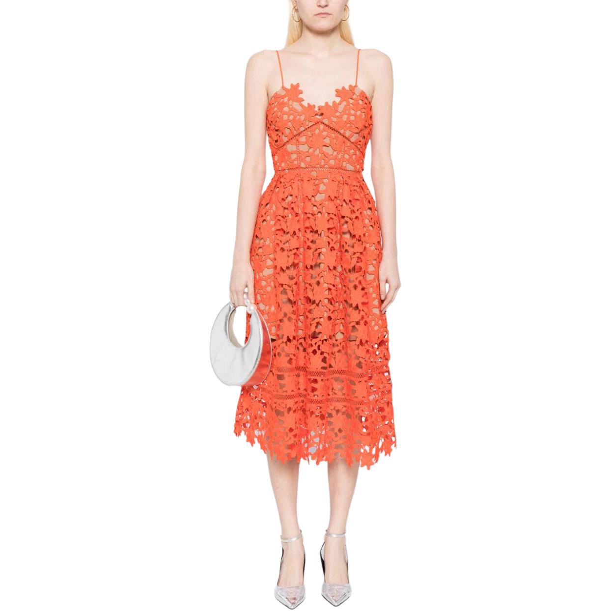 (Women) Self-Portrait Orange Floral Lace Midi Dress with V-Neck and Spaghetti Straps. SS24151MO 圖 3