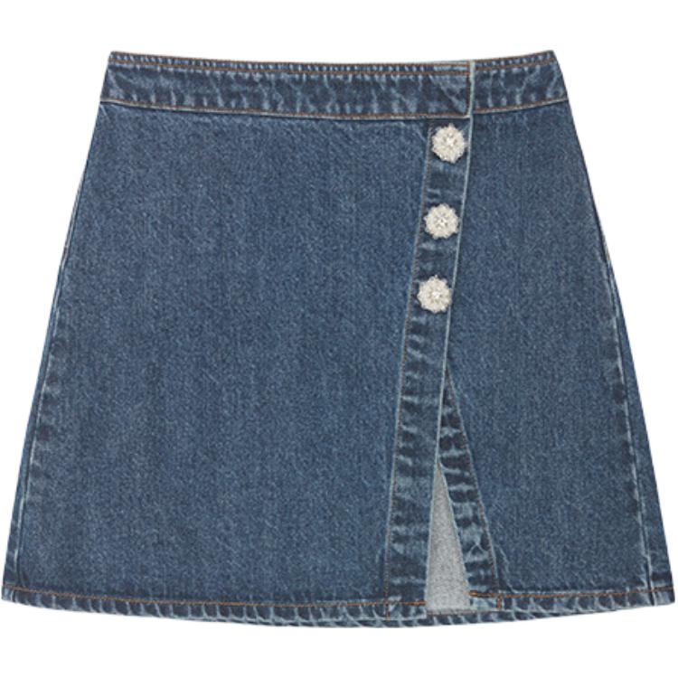 (Women) Self-Portrait Pearl Button Denim Skirt for Women - Sweet Slit Design in Denim Blue SWF344Q01600