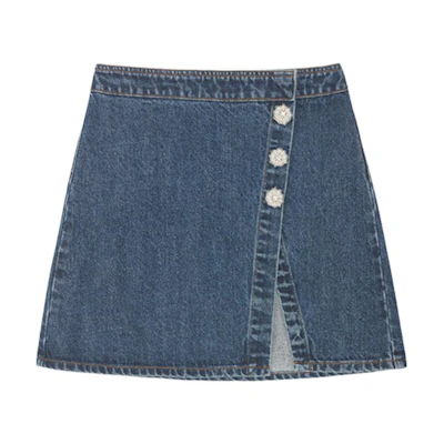 (Women) Self-Portrait Pearl Button Denim Skirt for Women - Sweet Slit Design in Denim Blue SWF344Q01600