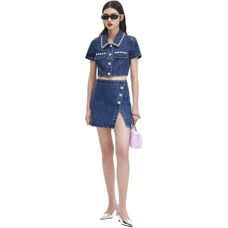 (Women) Self-Portrait Pearl Button Denim Skirt for Women - Sweet Slit Design in Denim Blue SWF344Q01600 圖 3