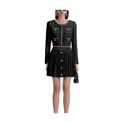 (Women) Self-Portrait PF23 Black Pearl-Trim Knit Cropped Cardigan Black SWF343M01900911