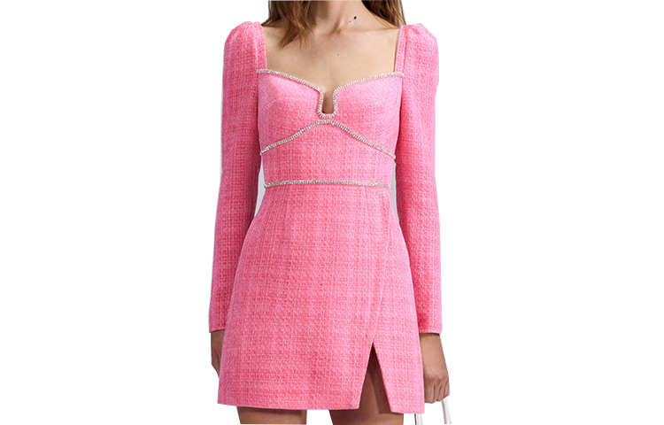 (Women) Self-Portrait Pink Heart-Neckline Embellished Tweed Long-Sleeve Party Dress SWF342Y22400