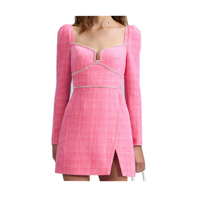 (Women) Self-Portrait Pink Heart-Neckline Embellished Tweed Long-Sleeve Party Dress SWF342Y22400
