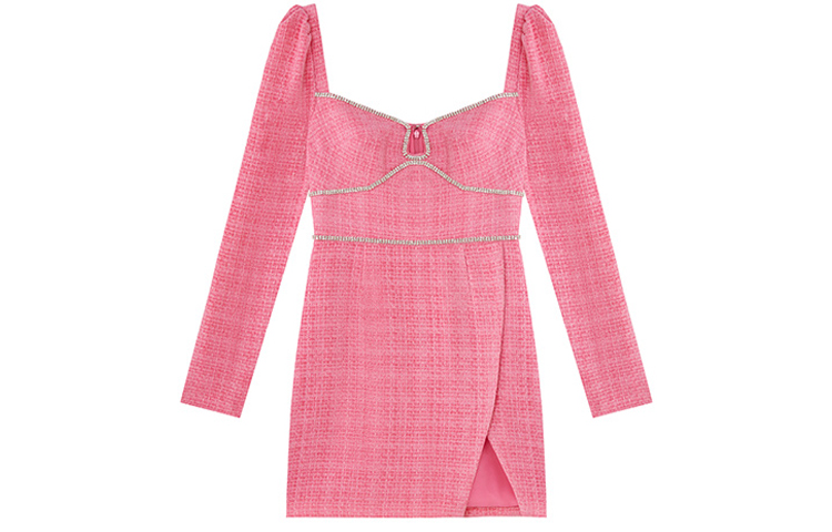 (Women) Self-Portrait Pink Heart-Neckline Embellished Tweed Long-Sleeve Party Dress SWF342Y22400 圖 4