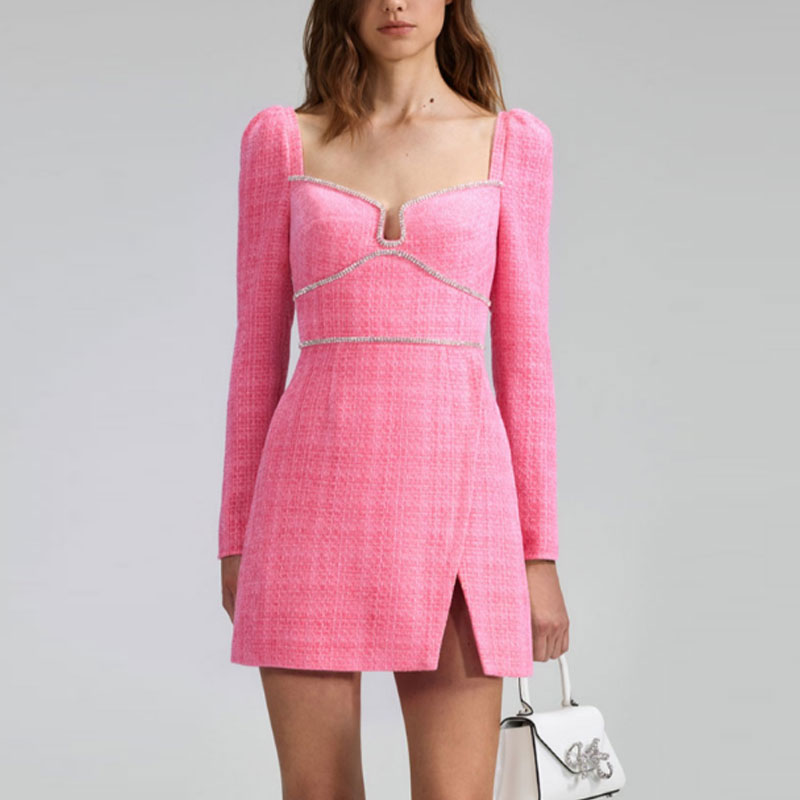 (Women) Self-Portrait Pink Heart-Neckline Embellished Tweed Long-Sleeve Party Dress SWF342Y22400 圖 5