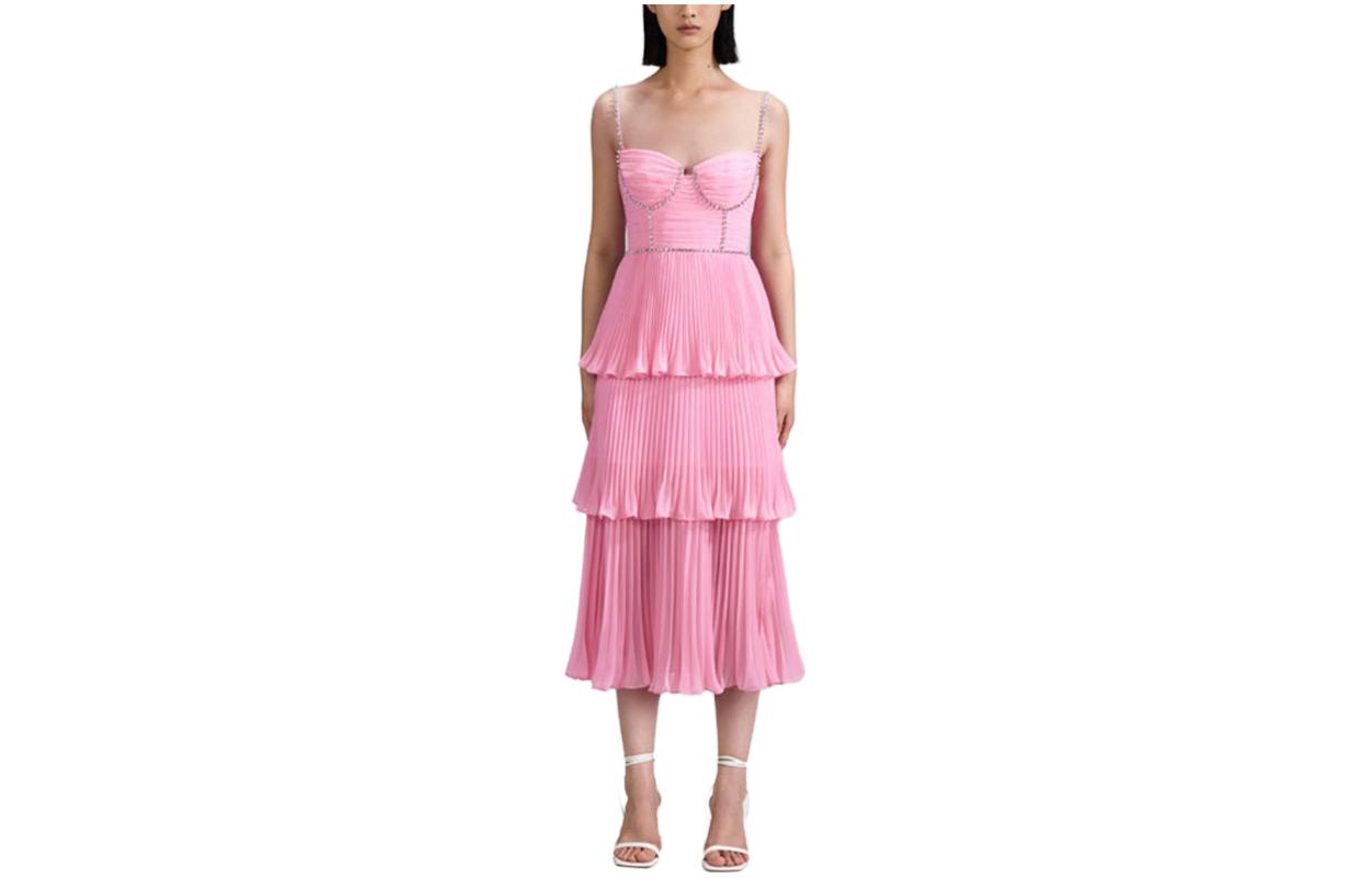 (Women) Self-Portrait Pink Layered Crystal-Embellished Fitted Cami Dress Women SWF342Y24700