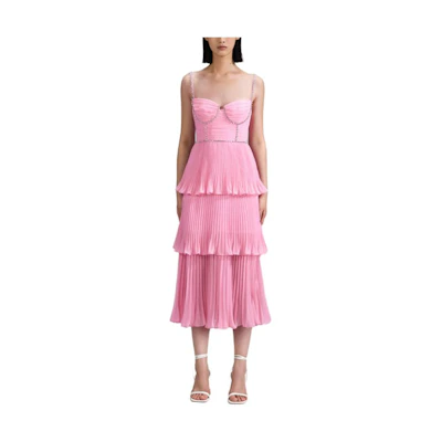 (Women) Self-Portrait Pink Layered Crystal-Embellished Fitted Cami Dress Women SWF342Y24700