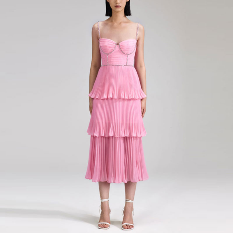 (Women) Self-Portrait Pink Layered Crystal-Embellished Fitted Cami Dress Women SWF342Y24700 圖 5