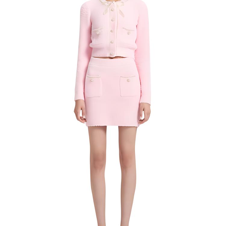 (Women) Self-Portrait Pink Plush High-Waist A-Line Mini Skirt with Pockets for Women. SWF344M05800