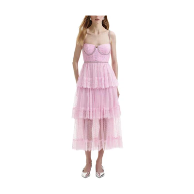 (Women) Self-Portrait Pink Polka Dot Mesh Midi Dress for Women. SWF352Y28600