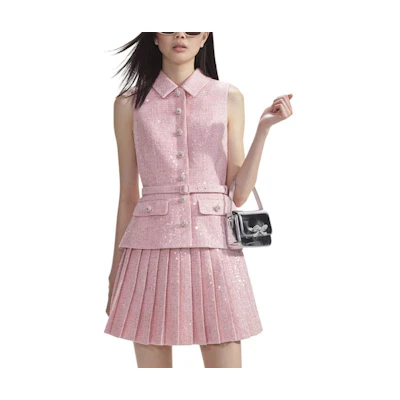 (Women) Self-Portrait Pink Sequin Sleeveless Pleated Mini Dress with Faux Layer Design. SWF353Y10800
