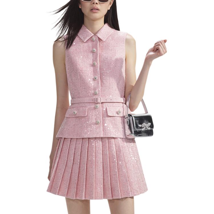 (Women) Self-Portrait Pink Sequin Sleeveless Pleated Mini Dress with Faux Layer Design. SWF353Y10800 圖 2