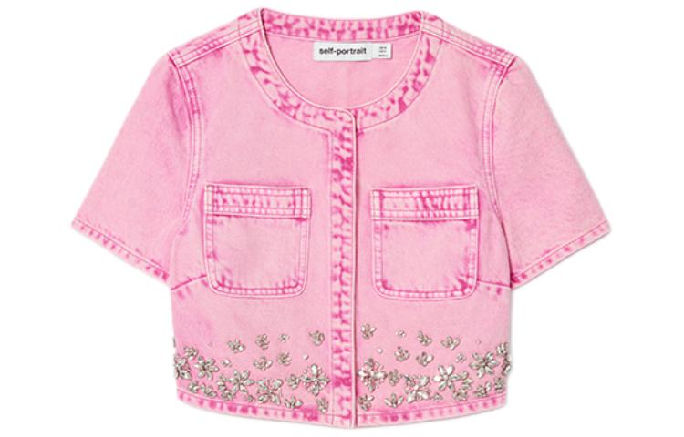 (Women) Self-Portrait Pink Short Sleeve Denim Jacket with Crystal Embellishments Ladies. SWF352C04300
