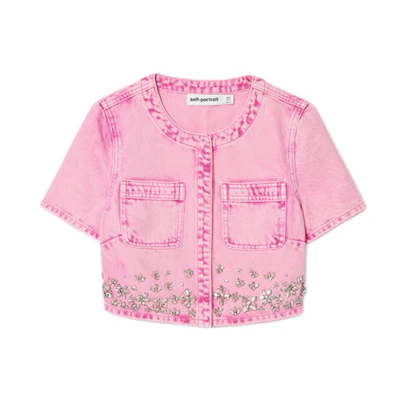 (Women) Self-Portrait Pink Short Sleeve Denim Jacket with Crystal Embellishments Ladies. SWF352C04300