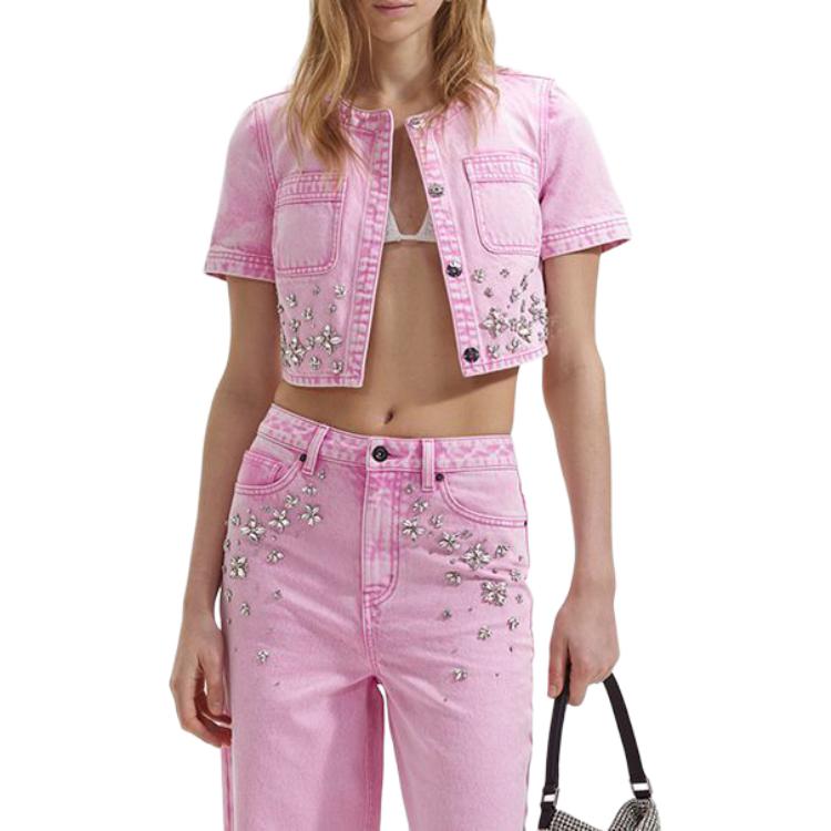 Lookbook (W) Self-Portrait Jaket Denim Wanita Pink Lengan Pendek dengan Hiasan Kristal. SWF352C04300