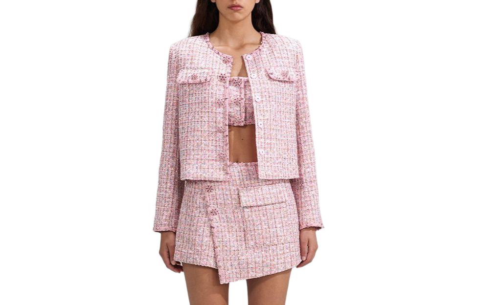 (Women) Self-Portrait Pink Tweed Plaid Button-Up Long Sleeve  Jacket SWF341T00400-171433