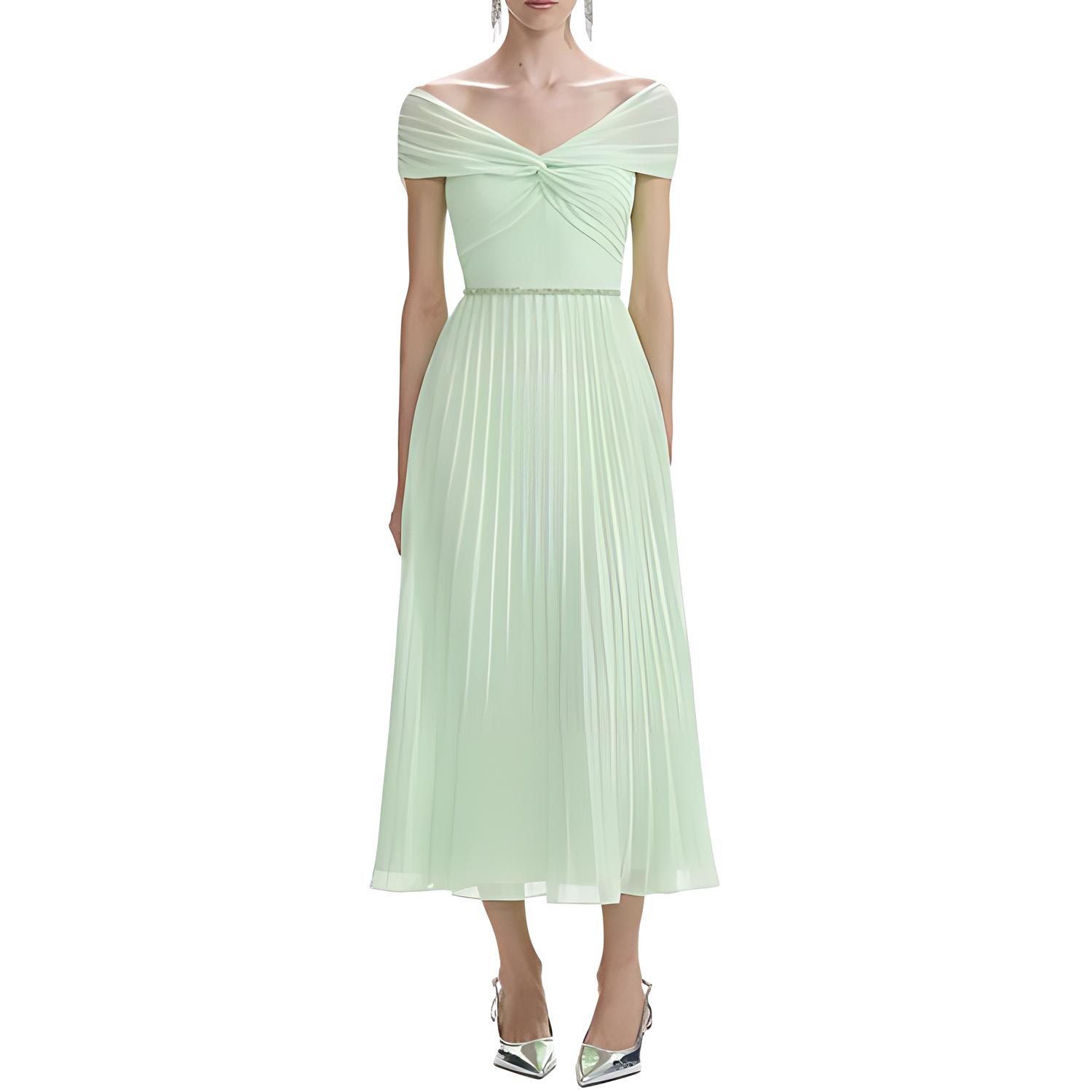 (Women) Self-Portrait Pleated Midi Short Sleeve Dress  Mint Green. SWF353Y08500